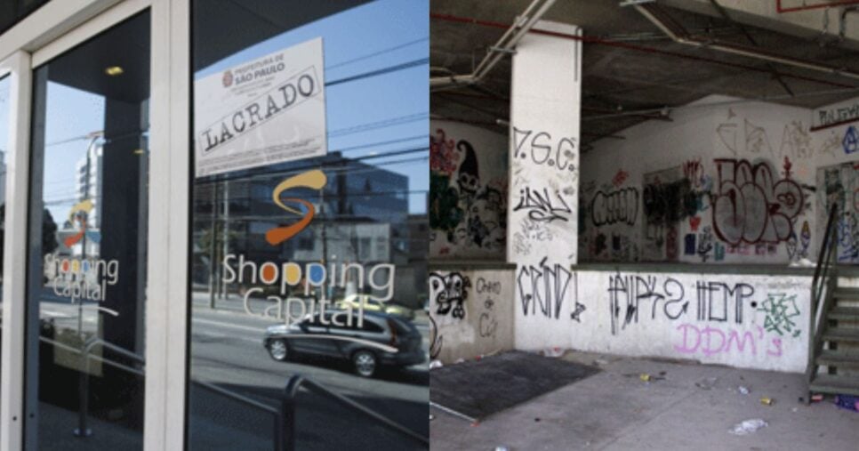 Aviso de lacre na porta/estado atual do que era o estacionamento do Shopping Capital (Foto Reprodução/Montagem/Instagram/Tv Foco)