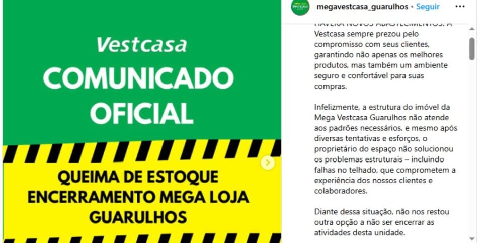 Comunicado oficial da VestCasa (Reprodução: Instagram)