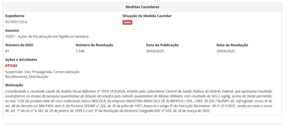 Proibição contra lote do Leite de coco Mococa PT 1 (Foto Reprodução/ANVISA)
