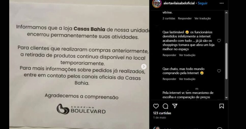 Comunicado nas redes sociais e alguns comentários de consumidores lamentando o fechamento da unidade da Casas Bahia (Foto Reprodução/Instagram)