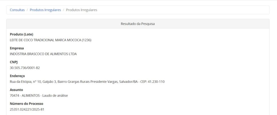Proibição contra lote do Leite de coco Mococa PT 1 (Foto Reprodução/ANVISA)