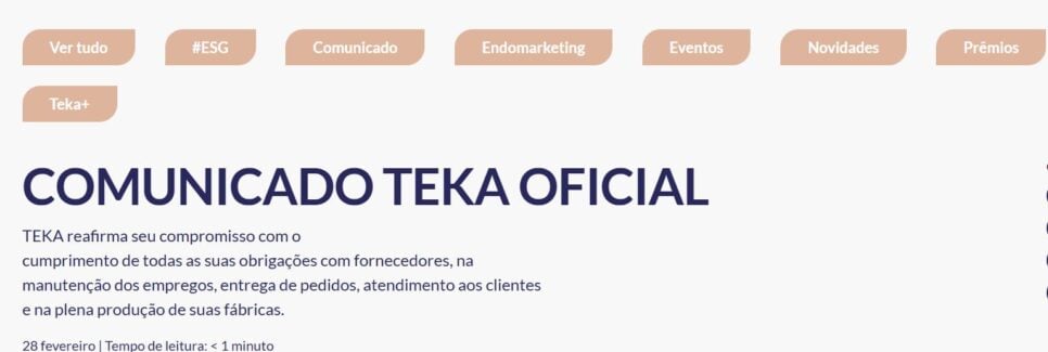 Comunicado oficial da TEKA deixado em seu site oficial na época (Foto Reprodução/Site oficial)