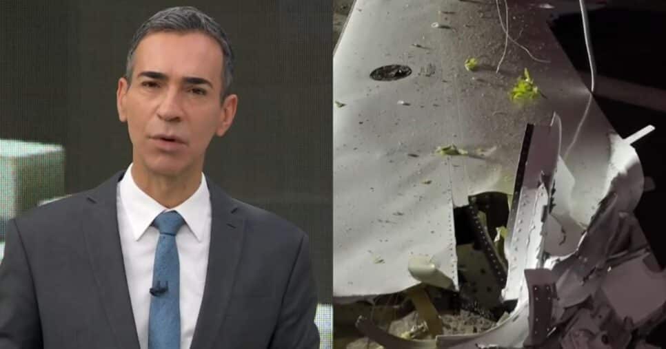 César Tralli no Jornal Hoje e destroços de avião (Fotos: Reproduções / Globo)