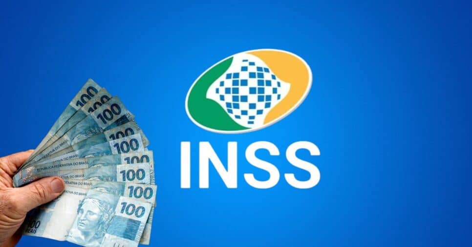 Homem segurando notas de cem reais e logo do INSS (Fotos: Reproduções / Canva / Internet)