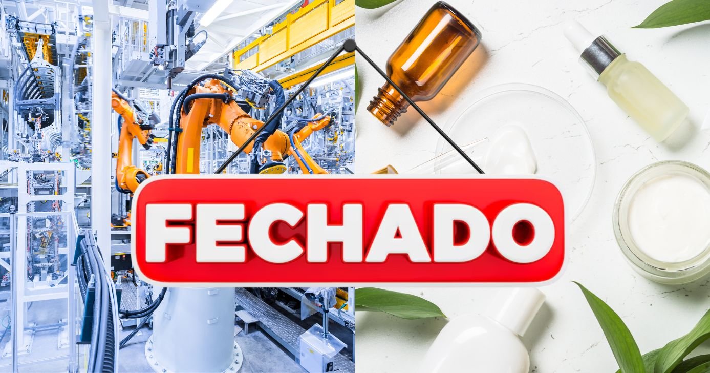 Ilustração fábrica de cosméticos fechada (Fotos: Reproduções / Canva / Freepik)