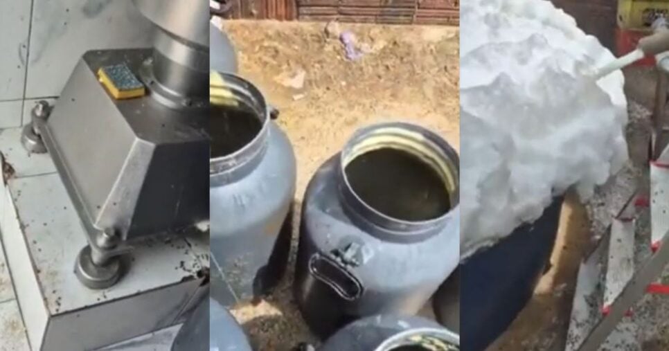 Estado da fábrica com tonéis de manteiga e leite sendo comercializados de forma irregular (Foto Reprodução/Montagem/YouTube)