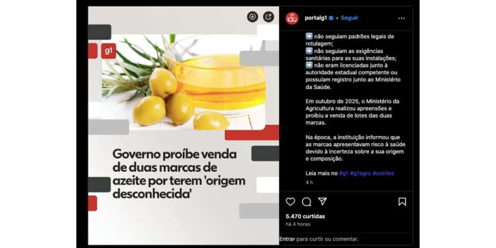 Publicação do G1, da Globo (Foto: Reprodução / Instagram)