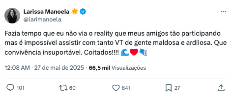 Publicação sobre reality da Record (Foto: Reprodução / X)