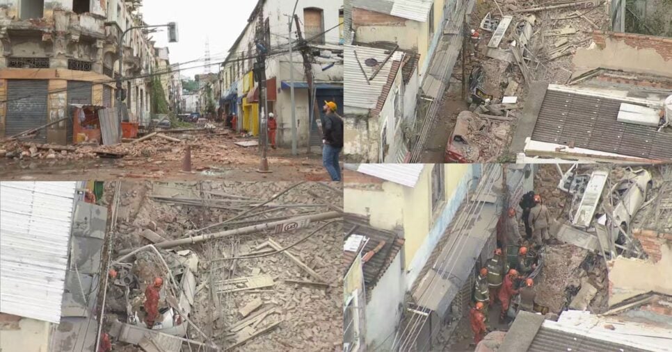 Imagens do Globocop com os destroços da demolição e desabamento (Foto Reprodução/Montagem/Tv Foco/Globo)