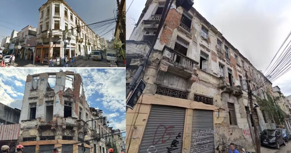 Antes e depois do casarão que desabou no centro do Rio. Foto de 2014 (no alto) — Foto: Montagem Google Maps e Dayane Zimmermann g1 Rio