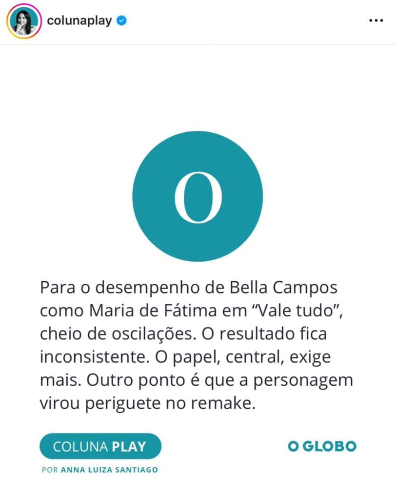 Jornalista da Globo dá nota zero para Bella Campos (Foto: Reprodução / Coluna Play)
