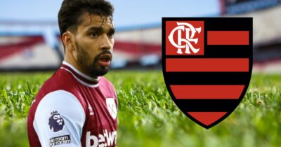 Lucas Paquetá e logo do Flamengo (Foto: Reprodução / West Ham / Canva / Montagem TV Foco)