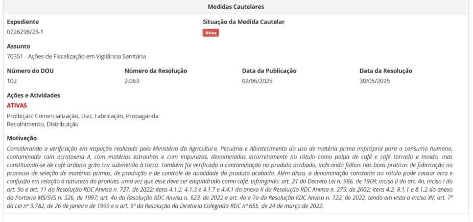 Resolução da ANVISA contra lote da marca de café -Master Blends, parte 2 (Foto: Reprodução/ANVISA)