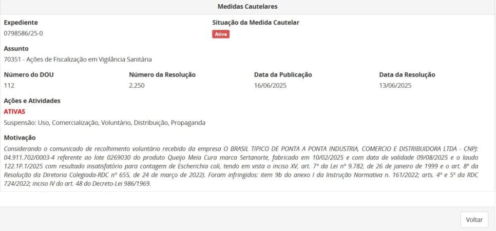 Resolução da ANVISA comunicando retirada do queijo Sertanorte parte 2 (Foto: Reprodução/ANVISA)
