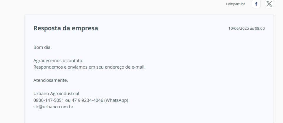 Resposta da do Urbano Agroindustrial (Foto Reprodução/Reclame Aqui)