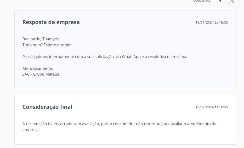 Resposta do Grupo Mateus datada no dia 19 de janeiro de 2024 (Foto Reprodução/RA)