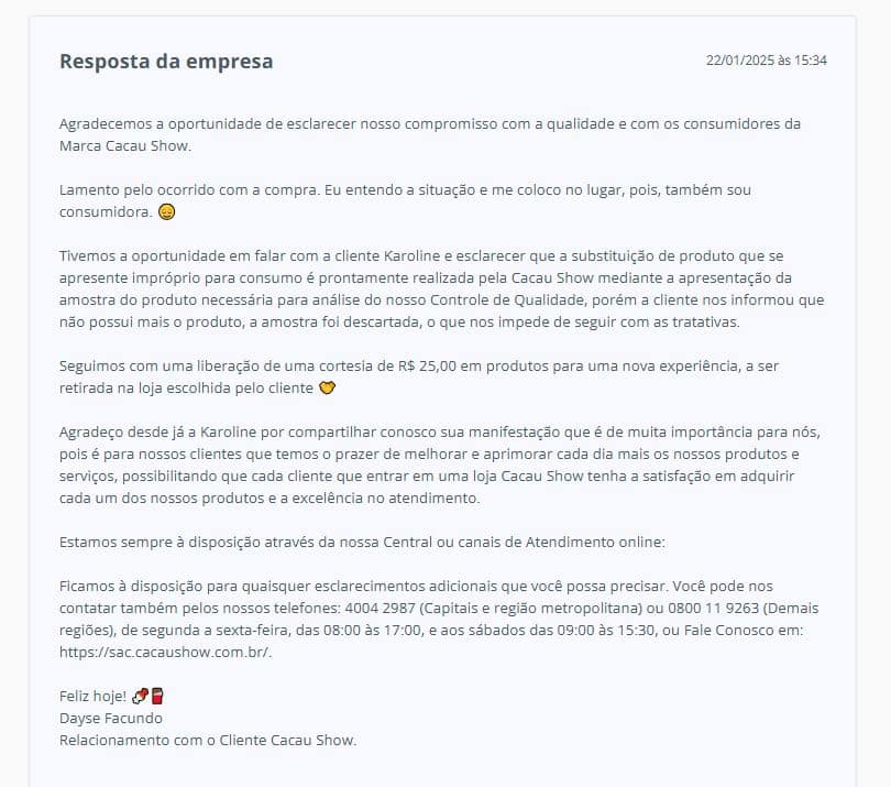 Resposta da Cacau Show (Foto Reprodução/RA)