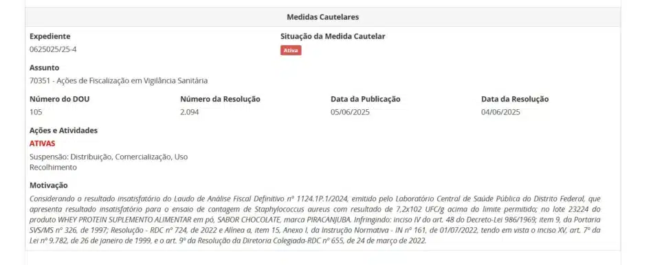 Resolução da ANVISA contra lote de Whey Protein da Piracanjuba (Foto Reprodução/Montagem/ANVISA)
