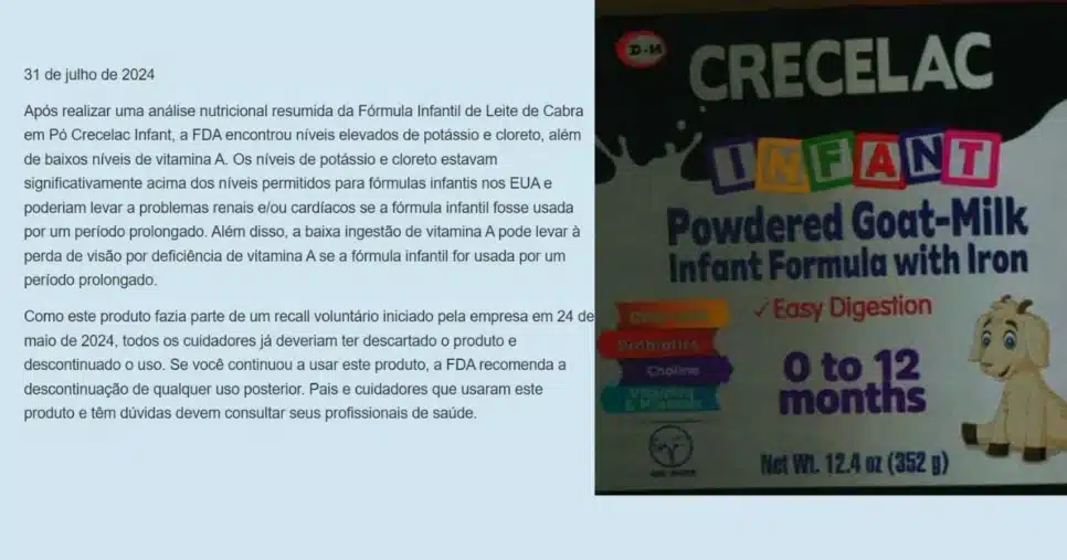 Alerta da FDA contra lotes de fórmula infantil de leite de cabra em pó (Foto Reprodução/Montagem/FDA/Canva)