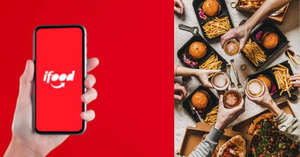 Aplicativo do iFood e ilustração de comidas (Fotos: Adobe Stock / Canva)