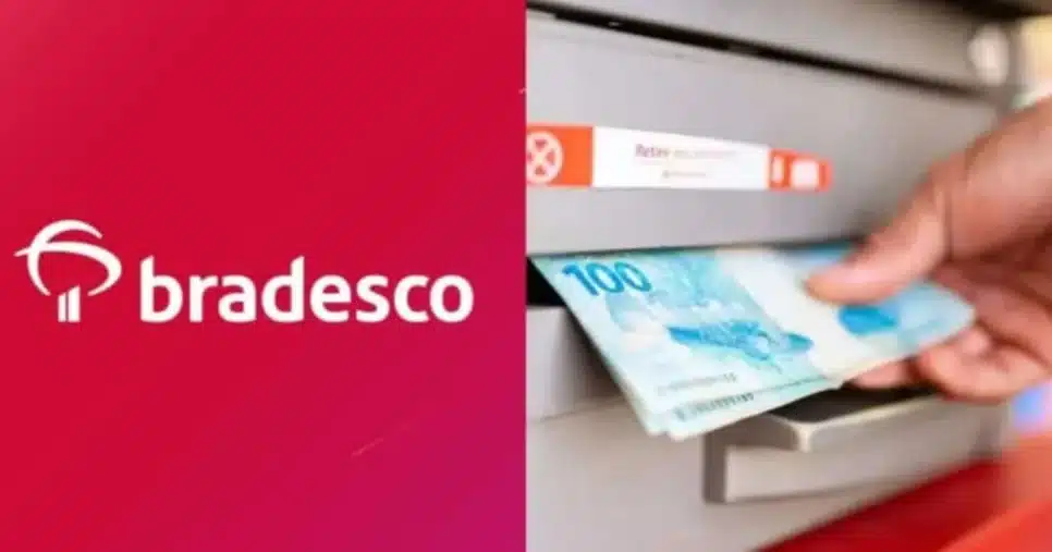 Logo do Bradesco e notas de R$ 100 no caixa eletrônico - Foto: Montagem