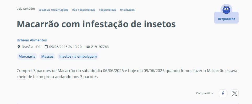 Denúncia contra a marca de macarrão feito por um consumidor (Foto Reprodução/Reclame Aqui)