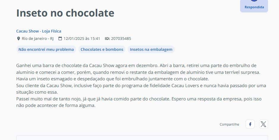 Denúncia de cliente contra uma das barras de chocolate da Cacau Show (Foto Reprodução/RA)