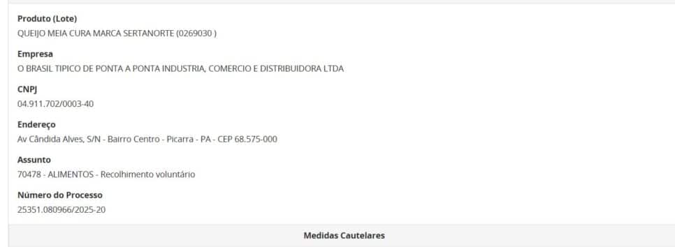 Resolução da ANVISA comunicando retirada do queijo Sertanorte parque 1