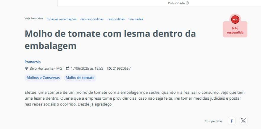 Relato no Reclame Aqui contra molho de tomate da Pomarola, feita no dia 17/6 (Foto Reprodução/RA)