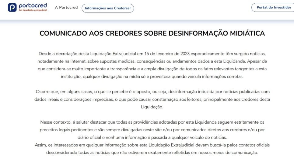 Comunicado da Portocred (Foto Reprodução/Portocred)