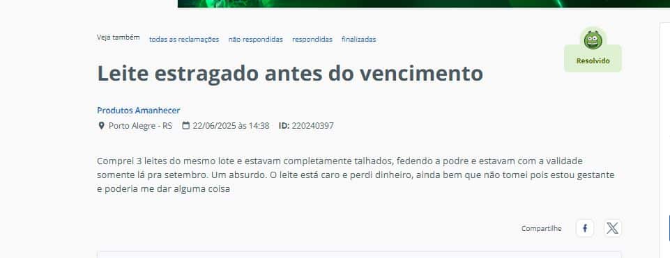 Reclamação contra o leite dos Produtos Amanhecer (Foto Reprodução/RA)