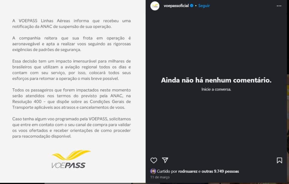 Voepass emitiu um comunicado também pelas redes sociais (Foto Reprodução/Redes Sociais)