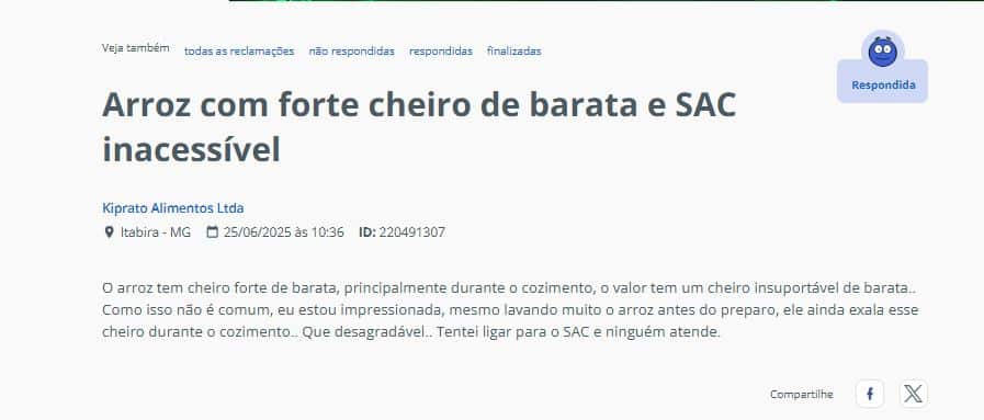 Denúncia contra a marca de arroz feito por uma consumidora (Foto Reprodução/Reclame Aqui)