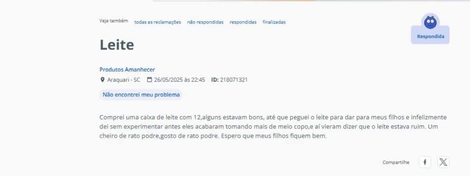 Denúncia contra a empresa Amanhecer (Foto Reprodução/Reclame Aqui)