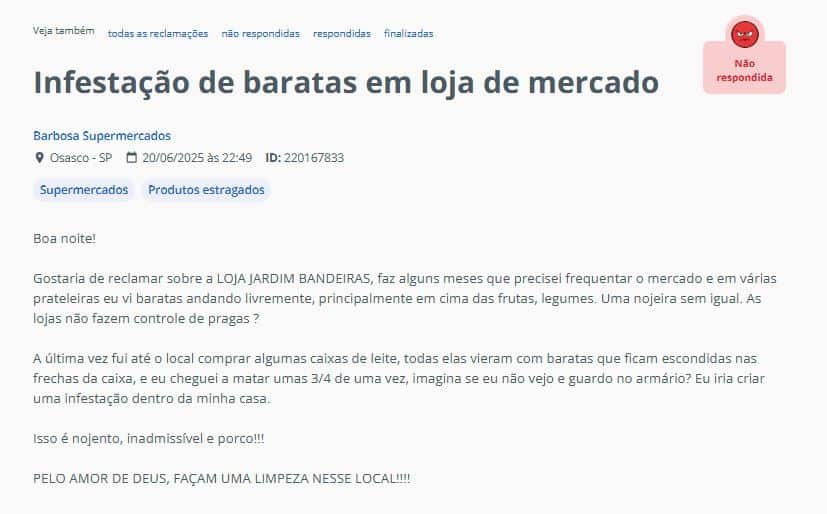 Denúncia contra supermercado em Osasco (Foto Reprodução/Reclame Aqui)