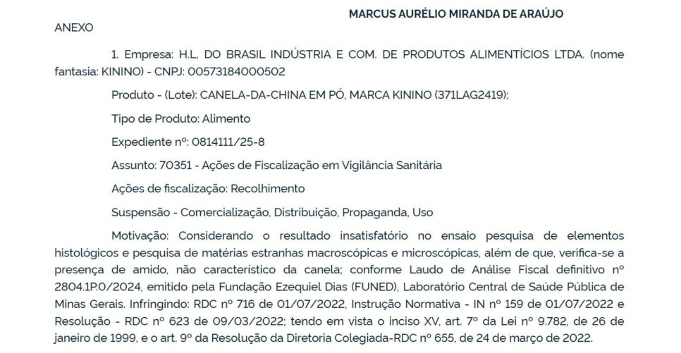 Resolução da ANVISA contra marca de canela (Foto Reprodução/GOV)