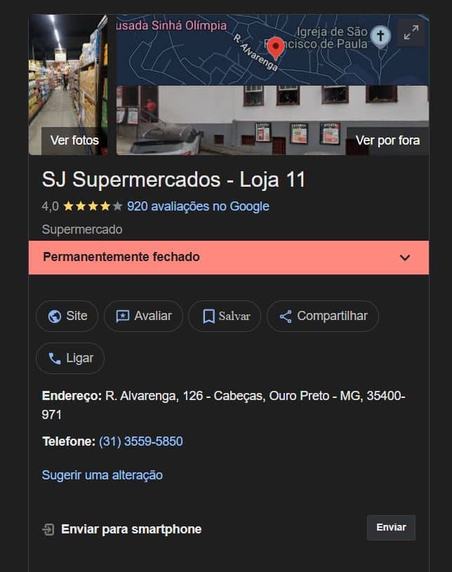 Aviso de permanentemente fechado no Google (Foto Reprodução/Maps)