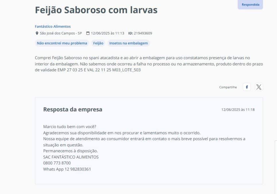 Reclamação do cliente/Resposta da empresa após constatação de larvas no feijão (Foto Reprodução/RA)