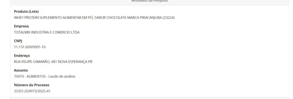 Resolução da ANVISA contra lote de Whey Protein da Piracanjuba -pt 1(Foto Reprodução/Montagem/ANVISA)