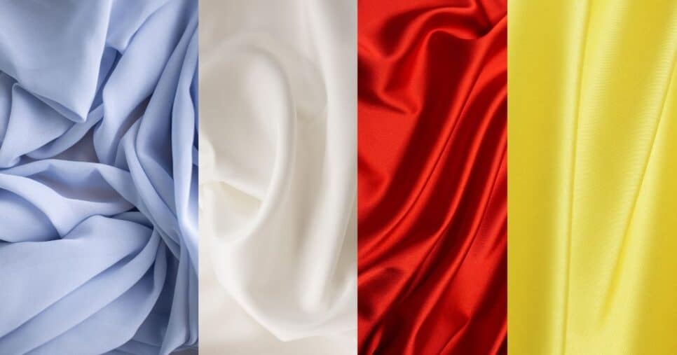 Tecidos em tons de azul, off White, vermelho alaranjado e amarelo suave (Foto Reprodução/Montagem/Lennita/Canva/Internet)