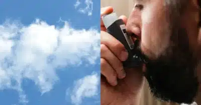 Ilustração ar puro e homem usando bombinha para bronquite (Fotos: Canva)