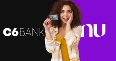Logo C6 Bank, Nubank e mulher segurando cartão de crédito (Fotos: Reproduções / Internet / Canva)