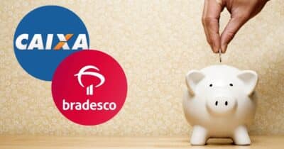 Logo Caixa, Bradesco e ilustração poupança (Fotos: Reproduções / Internet / Canva)