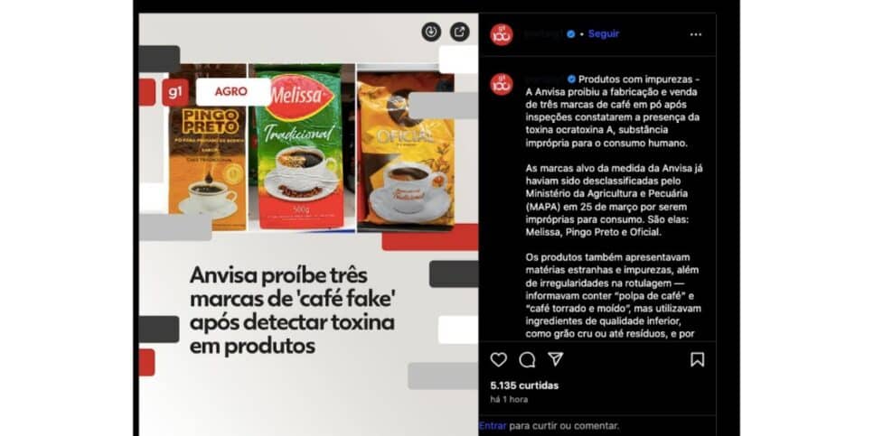 Notícia do G1 (Foto: Reprodução / Instagram)