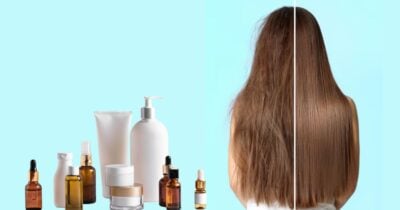 Produtos e mulher com cabelo liso (Fotos: Canva / Freepik)