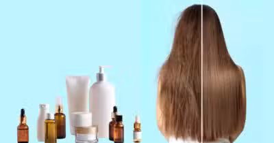 Produtos e mulher com cabelo liso (Fotos: Canva / Freepik)
