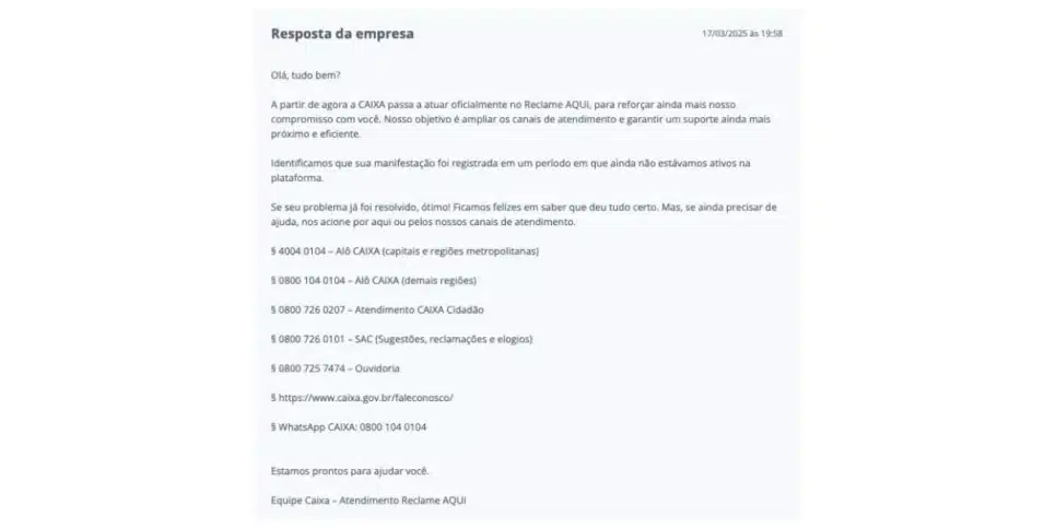 Resposta da Caixa (Foto: Reprodução / Reclame Aqui)
