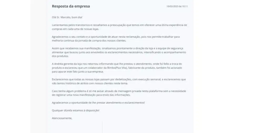 Resposta da rede de supermercado após o ocorrido (Foto Reprodução/Reclame Aqui)