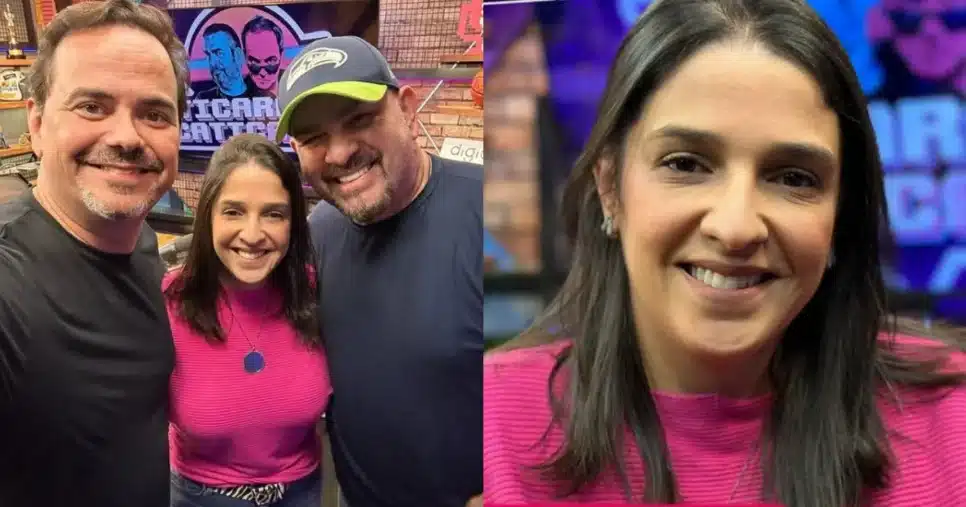Ana Carolina Oliveira, mãe de Isabella Nardoni, ao lado de Bola e Carioca no Ticaracaticast (Foto: Reprodução/Montagem TV Foco)