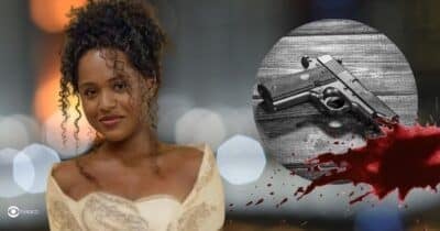 Beatriz e sangue em arma de fogo (Foto: Reprodução / Globo / Montagem TV Foco)